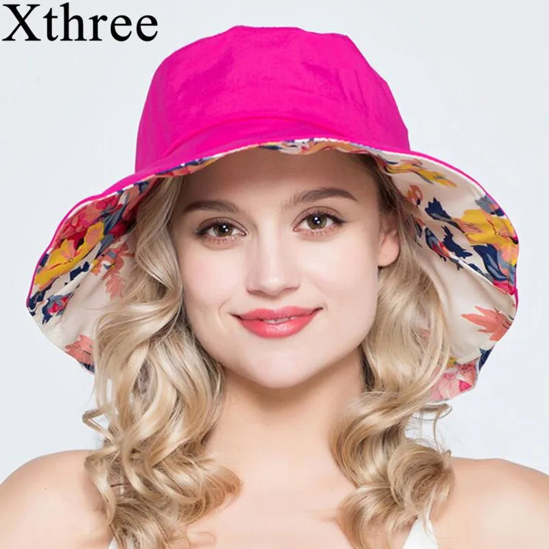 Xthree Sommerhüte für Frauen Damen Große Krempe Baumwoll Beach Cap Sun Hut Frauen England Stil