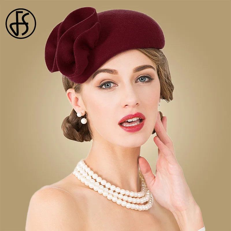 FS Ladies Wool Fascinator Hats til bryllupskvinder Elegant Tea Party Formel vintage Pillbox Hatfelt Flower Fedoras Chapeau femme