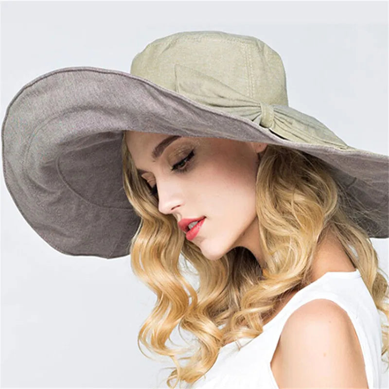XThree Reversible Summer Hat for Women Superlarge Brim Brim Beach Cap Sun Sun Hat Femeie Anglia Stil