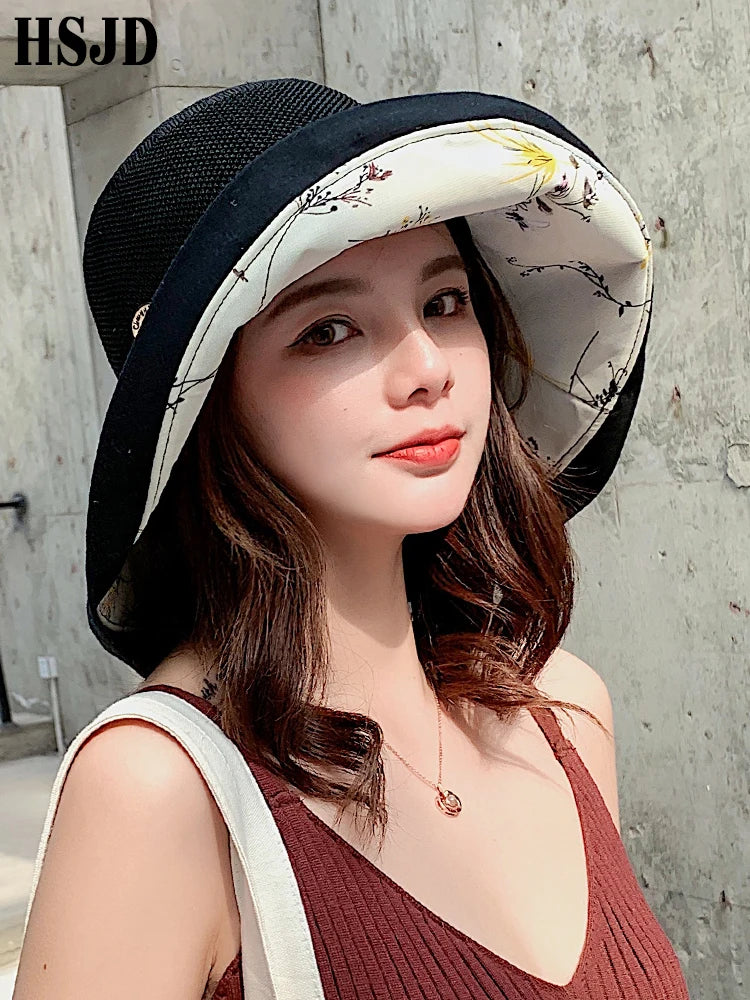 2019 Summer Big Wide Brim Flower Sun Sun pour femmes Mesh UV Protection Hat de plage Femme Net Net Foldable Sun Cats Hat de seau de Lady