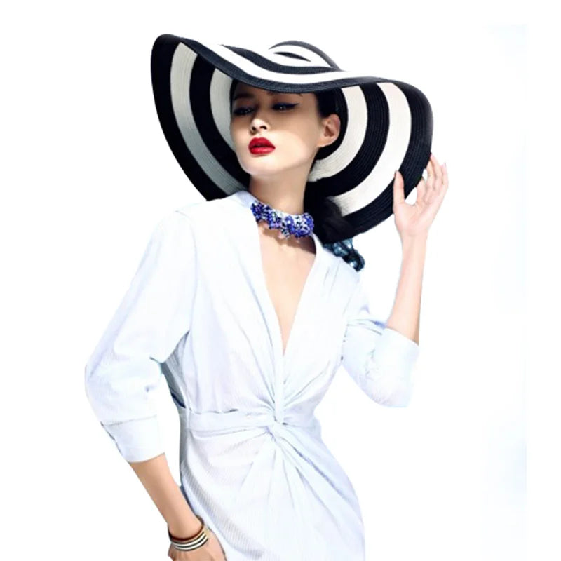 New Arrival Straw Sun Hat Women Summer Beach Sunscreen UV  Hat Girls Hat Black and White Striped Casual Sun Beach Cap B-7516