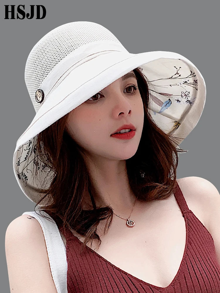 2019 Summer Big Wide Brim Flower Sun Hat for Women Mesh UV Protection Beach Hat Female Net Foldable Sun Hats Lady's Bucket Hat