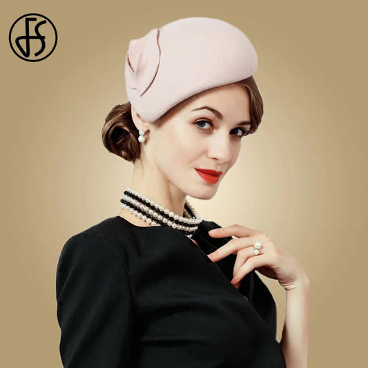 FS White Wool Fascinater Hat for naisille huopa vaaleanpunainen pillilaatikko Hatut mustat naiset Vintage Fashion Wedding Derby Fedora Chapeau Femme