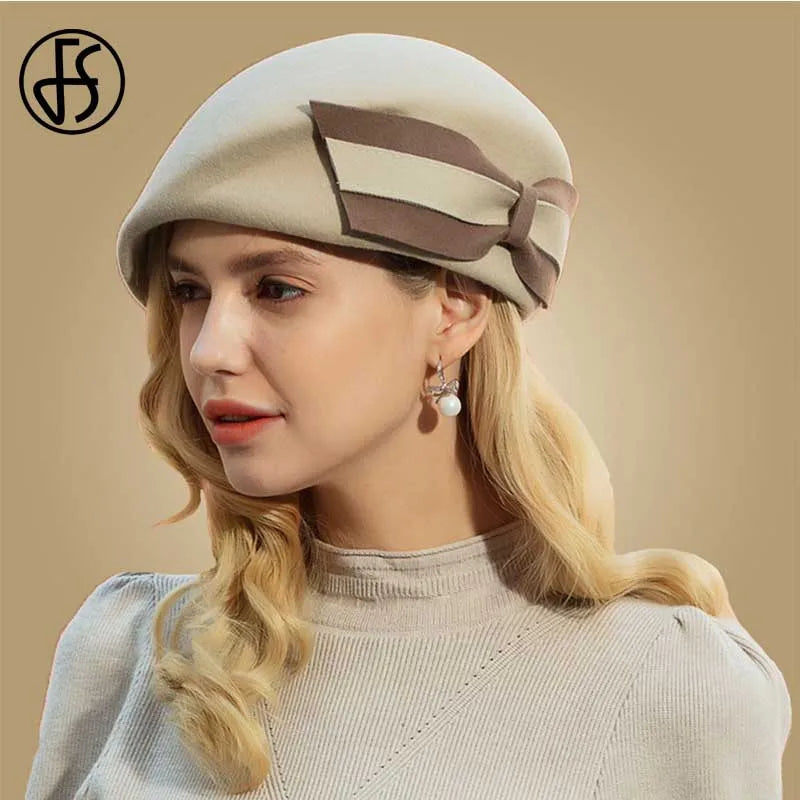 Fs vintage villa ranskalainen beretti hatut naiset fedora musta huopa hattu talvi iso jousi tyylikkäät naiset kirkon hattu häät berret femme