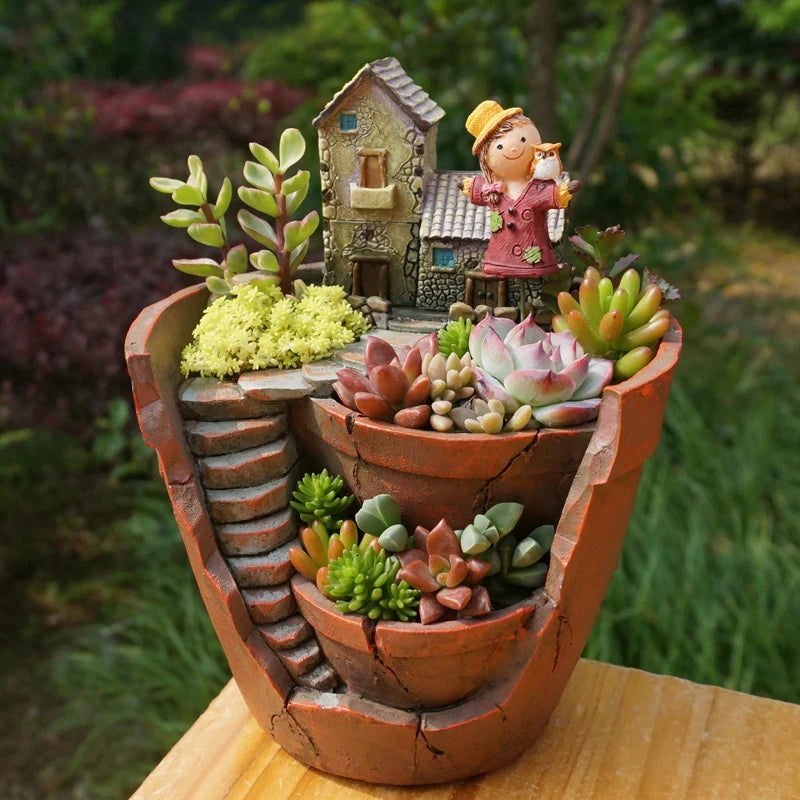 Maceta de flores de casa de granja retro para plantas de suculentas, plantador decorativo mini bonsái bonsai fair jardín jardín de escritorio decoración de escritorio