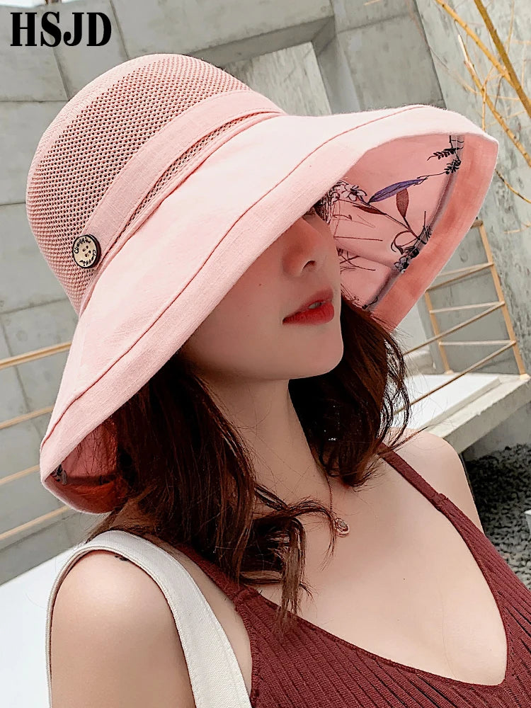 2019 Summer Big Wide Brim Flower Sun Hat for Women Mesh UV Protection Beach Hat Female Cappelli da sole pieghevole Cappello da sole Lady's Bucket Cappello