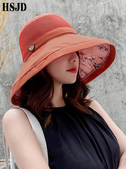 2019 Summer Big Wide Brim Flower Sun Hat for Women Mesh UV Protection Beach Hat Kvindelig Netten Foldbar Sun Hats Lady's Bucket Hat