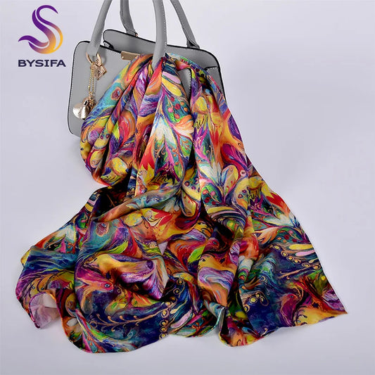 [Bysifa] novo lenço de seda pura luxuoso Shawl Women Women Spring Autumn Lengs Ladies Brand 100% Silk pesco