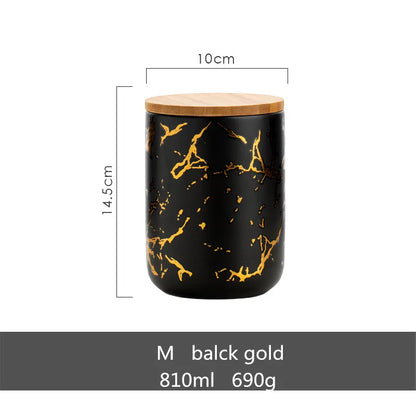 Gold-plated Marbling Sealed Ceramic Storage Jar With Bamboo Lid  Spices Tank Container Kitchen Food Bottle Coffee Tea Caddy