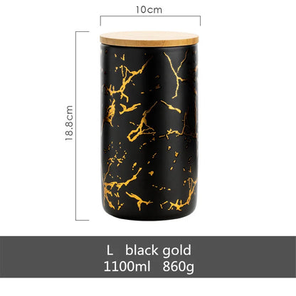 Gold-plated Marbling Sealed Ceramic Storage Jar With Bamboo Lid  Spices Tank Container Kitchen Food Bottle Coffee Tea Caddy
