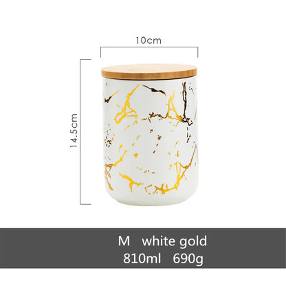 Gold-plated Marbling Sealed Ceramic Storage Jar With Bamboo Lid  Spices Tank Container Kitchen Food Bottle Coffee Tea Caddy