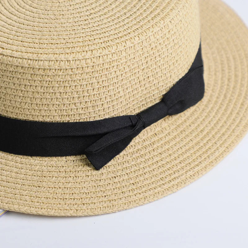 2021 Hot Sell Spring Summer Beach Sand Parent-Child Sun Fedora Straw Hat Women Flat Top Straw Fedora Hat Sunshade Caps