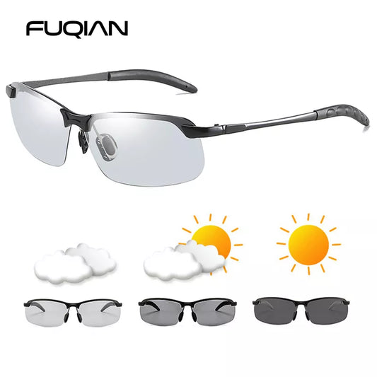 Fuqian Photochrome Sonnenbrille Männer Frauen Vintage Metall polarisierte Sonnenbrille für männliche Nachtsicht Fahren Sonnenbrille Fahren Sie Sonnenbrille