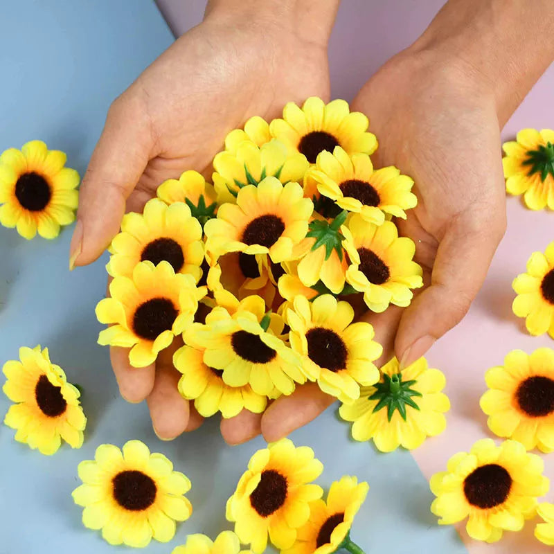 50/100pcs 4.5cm Mini Artificial Flower Silk Sunflower Head  DIY Wreath Scrapbooking Gift Box Yellow Artificial Daisy Head