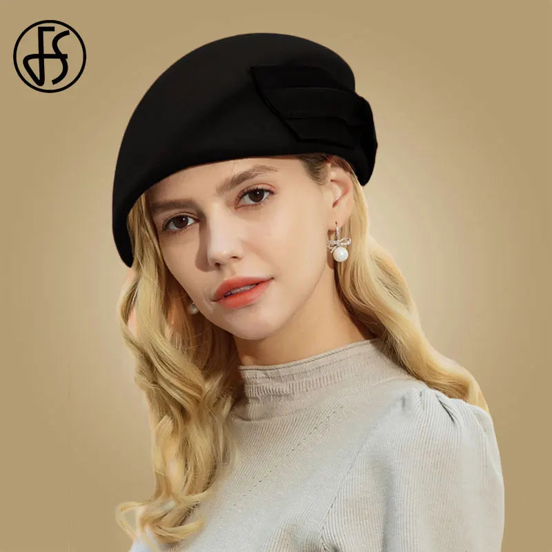 Fs vintage villa ranskalainen beretti hatut naiset fedora musta huopa hattu talvi iso jousi tyylikkäät naiset kirkon hattu häät berret femme