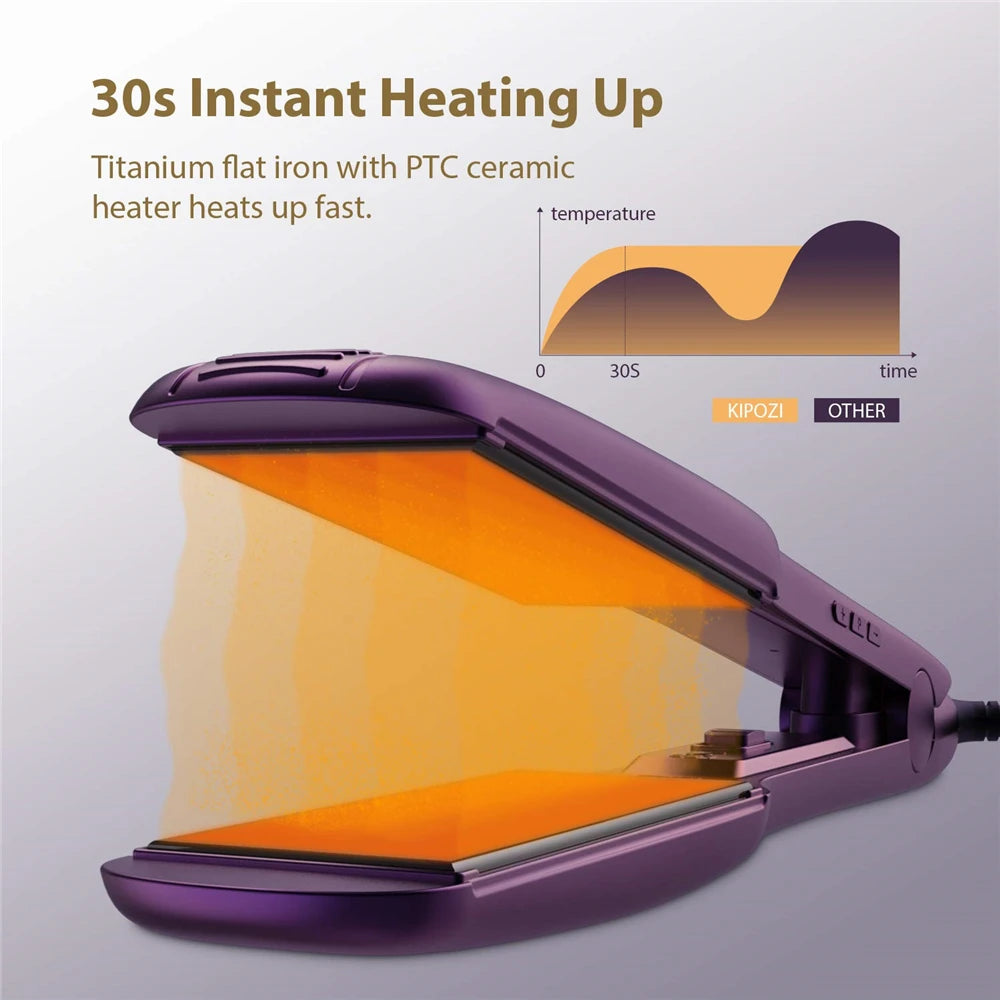 2023 Kipozi Professional Titanium plano de hierro plisado con pantalla LCD digital Pantalla de doble voltaje de calentamiento instantáneo Iron rizado