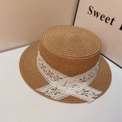 Summer Women British Style Vintage Jazz Panama Flat Top Fedora Straw Hat Wide Brin Lace Silk Ribbon Anti UV Sun Straw Hat