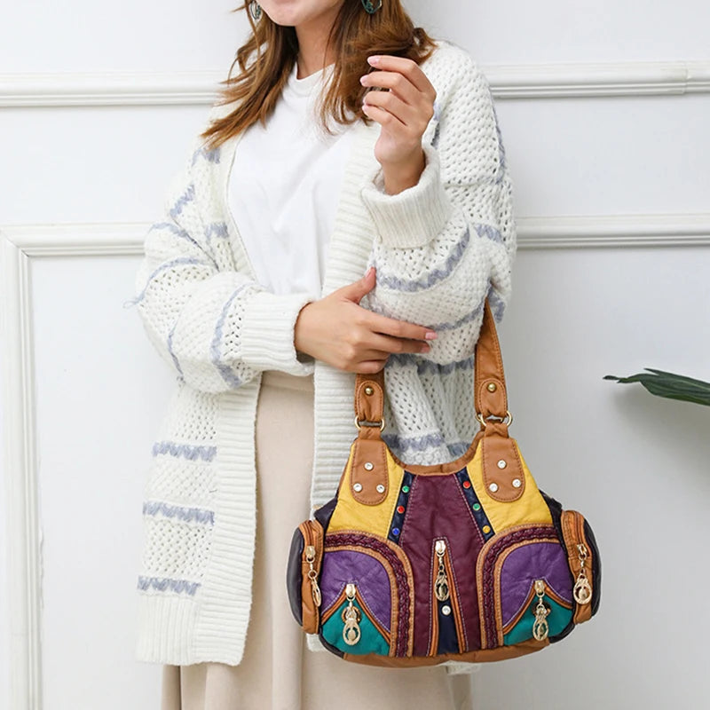 Fashion Shoulder Bag Female Soft PU Leather Handle Bag Large Capacity Crossbody Bag Vintage Lady Handbag Casul Multicolor Pouch