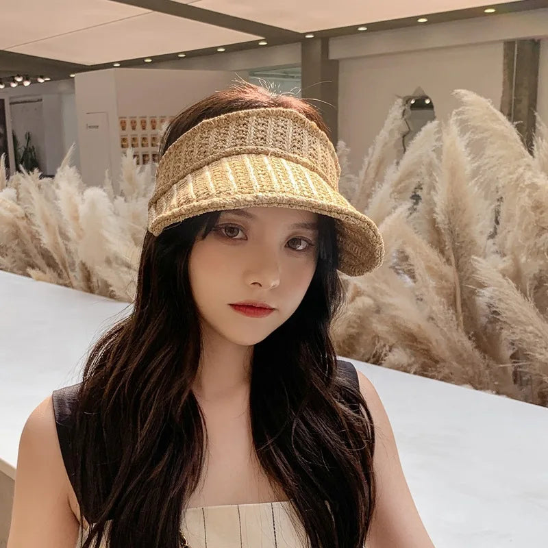 Einföld sumar tískukonur VISORS SOLID lit Raffia Straw Hat Lady Delicacy Beach Travel Sunscreen Soft Starw Cap