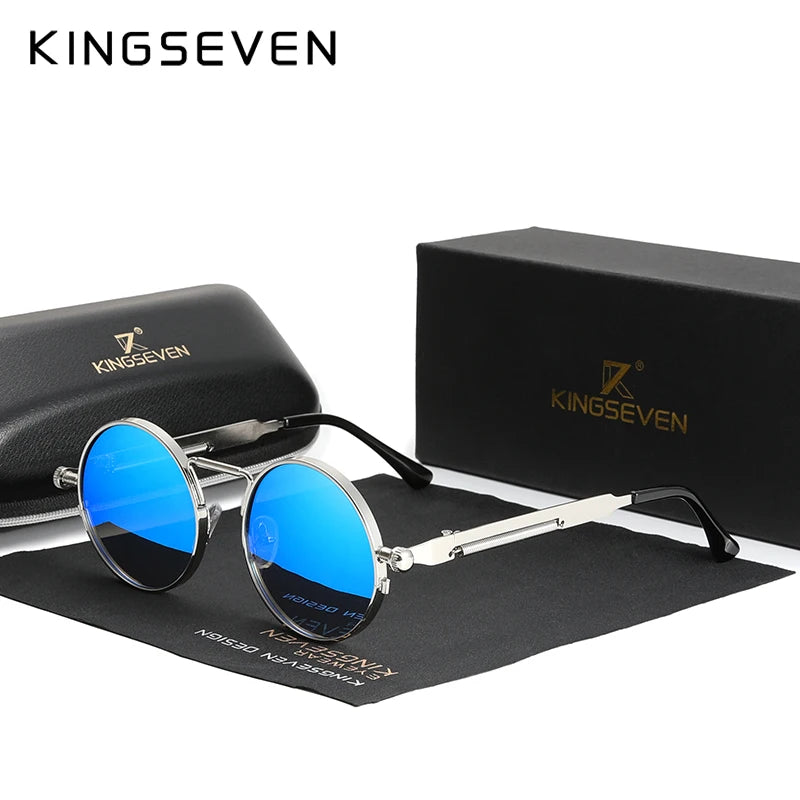 Kingseven høykvalitets gotisk steampunk solbriller polariserte menn kvinner merkevaredesigner vintage runde metall ramme solbriller