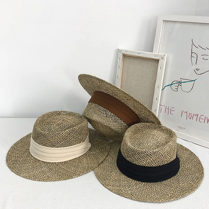 2021 New Handmade Straw Beach Hat For Women Summer hat Panama Cap Fashion Concave Flat Sun Protection Visor Hats Wholesale