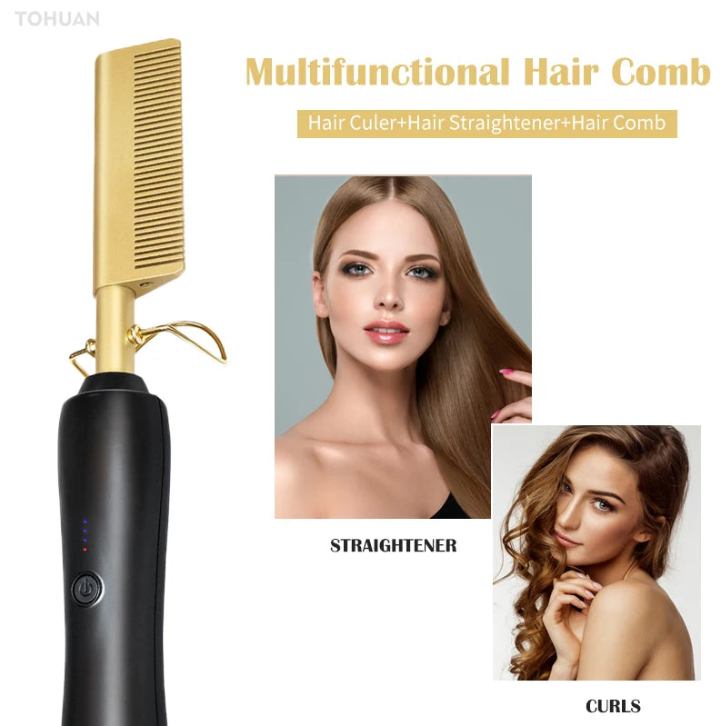 Multifunction Hair Straightener Brush Flat Irons Wet Dry Use Hot Comb Heating Hair Straight Styler Curling Iron Hair Curler Comb