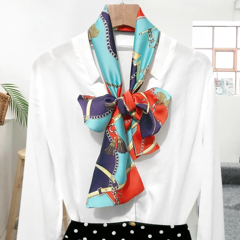 Opción larga pequeña bufanda de seda bufanda decorada cubierta de cuello profesional de hojalata multifuncional viajes de tinte para damas para el cuello