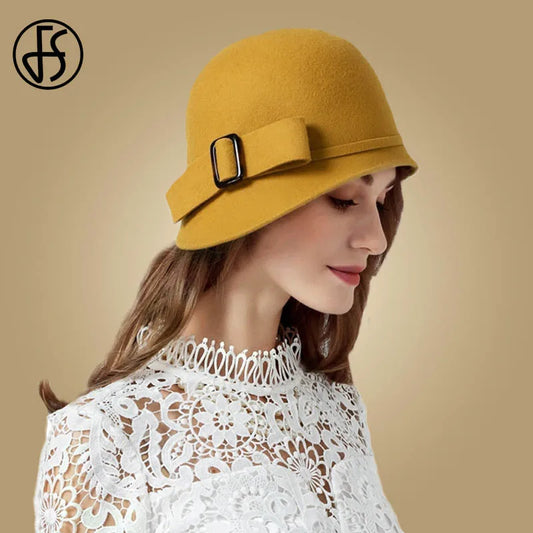 FS női fekete gyapjú filc cloche brit felső vödör kalap íjknot széles karjós bowler fedoras ladies sárga floppy derby kalapok