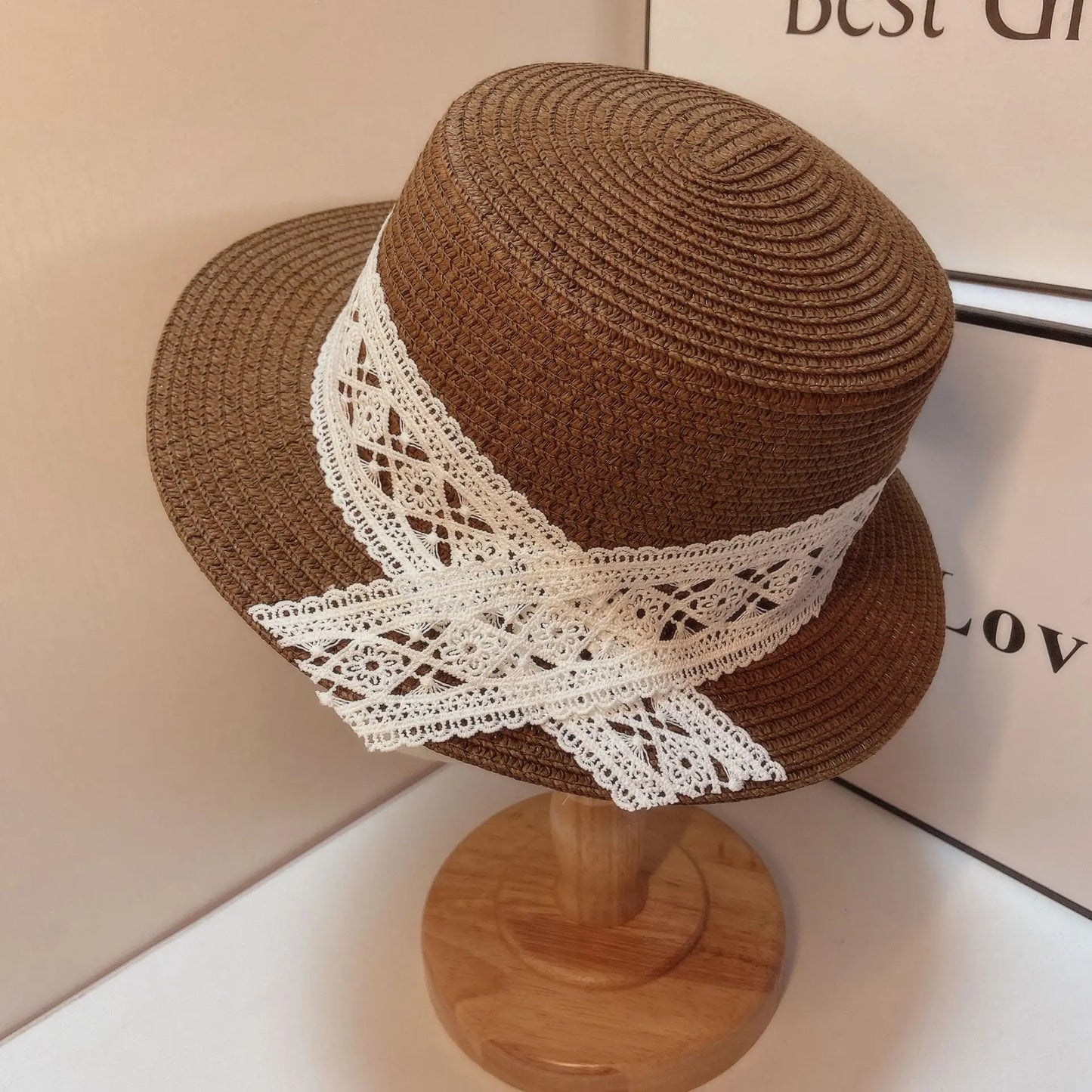 Summer Women British Style Vintage Jazz Panama Flat Top Fedora Straw Hat Wide Brin Lace Silk Ribbon Anti UV Sun Straw Hat