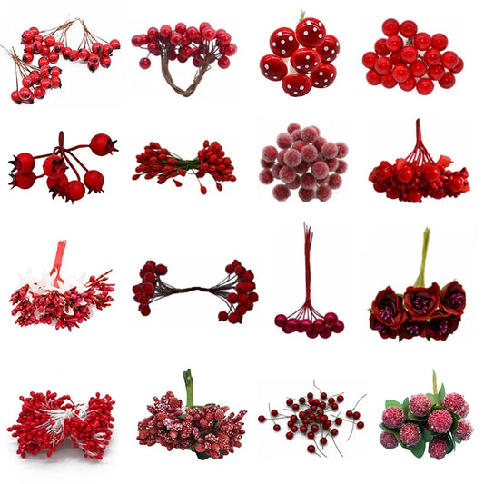 Red Theme Artificial Flower Cherry Stamen Berries Bundle DIY Christmas Decoration Wedding Cake Gift Box Wreaths Xmas Decor