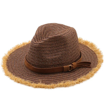 NY SOMMER UNISEX Beach Travel Vacation Sun Straw Hat Wide Brim Vintage Jazz Panama Church Fedora Straw Hat Tassel Brim Hat