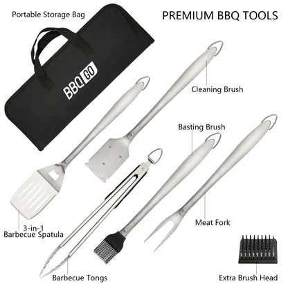 BBQGO rustfritt stål BBQ -verktøy Sett Spatula Fork Tongs Brush Portable Storage Bag Barbecue Grilling Retters Mooking Accessories