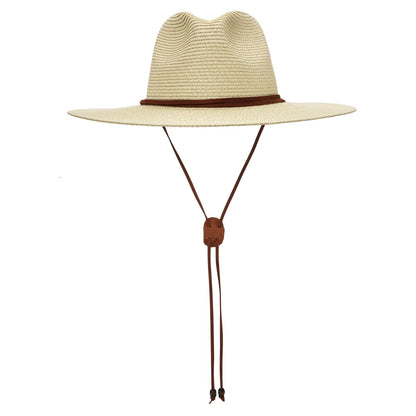 New Wide Brim Women Men Panama Straw Hat with Chin Strap Summer Garden Beach Sun Hat UPF 50+