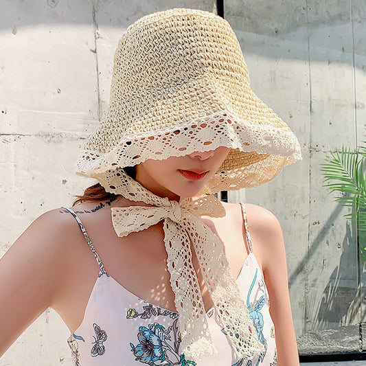 Lady dáma letní venkovní cestovní pláž Anti UV Slunce Straw Hat Dámské krajky Brim Bucket klobouk