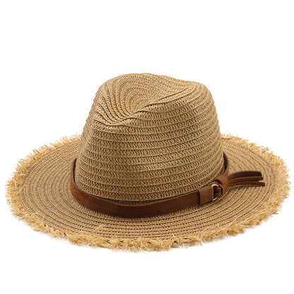 NY SOMMER UNISEX Beach Travel Vacation Sun Straw Hat Wide Brim Vintage Jazz Panama Church Fedora Straw Hat Tassel Brim Hat