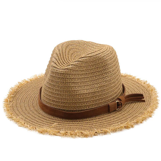 Uusi kesä Unisex Beach Travel Loma Sun Straw Hat leveä reuna Vintage Jazz Panaman kirkko Fedora Straw Hat Tassel Brim Hat