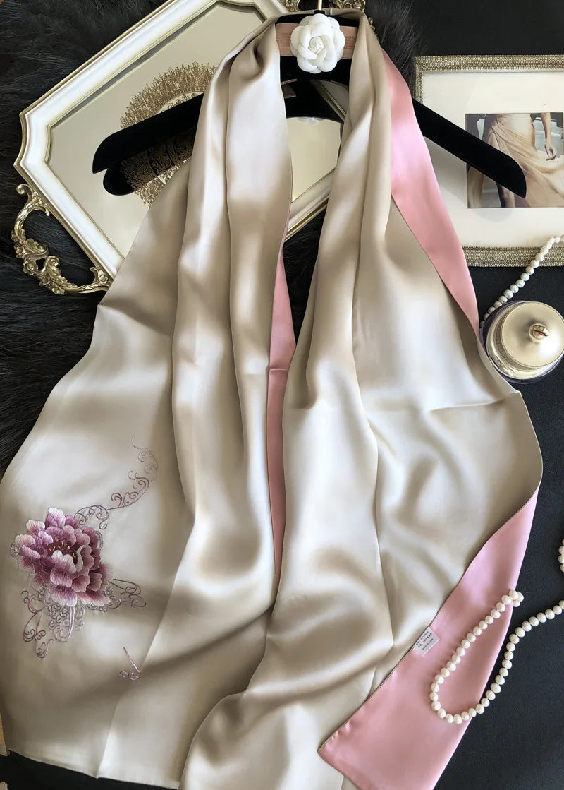 Peony 100% Silk Scarf Women Embroidered Fashion Elegant Pashmina Gift Wrap Real Silk Scarf Shawl