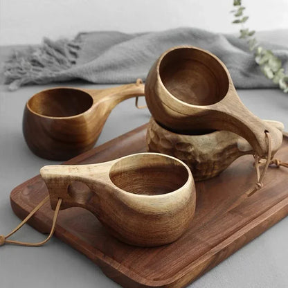 Natural Solid Wood Finnish Cup Outdoor Camping Mug Natural Acacia Wooden Tea Cup Milk Tea Wine Cup Portable Anti Scalding