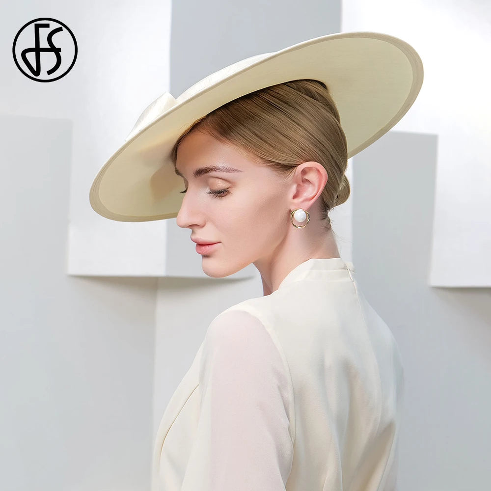 FS Elegant Elegant Wide Brim Ivory Hats for Women Big Bow Occasion officielle Kentucky Cap Lady Wedding Cocktail Flat Top Fedoras 2024