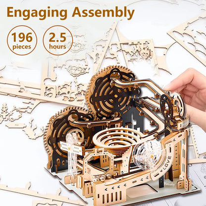 DIY Assemble 3D Wooden Puzzle Marble Run Set - Mechanical Model Building Kits for Adult Kids - STEAM Educational Toys and Gifts