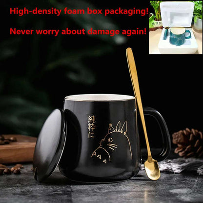 400ml New Product European Style Light Luxury Gold-painted Ceramic Coffee Mug with Lid Spoon Water Cup Cartoon Mug