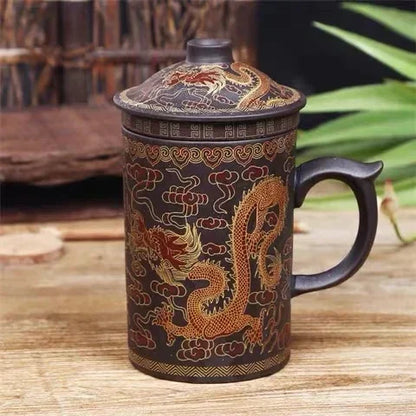 Retro Yixing Dragon Phenix Purple Clay Tea Mug with Lid and Infuser Handmade Ceramic Teacup Office Water Cup Gift Home Drinkware