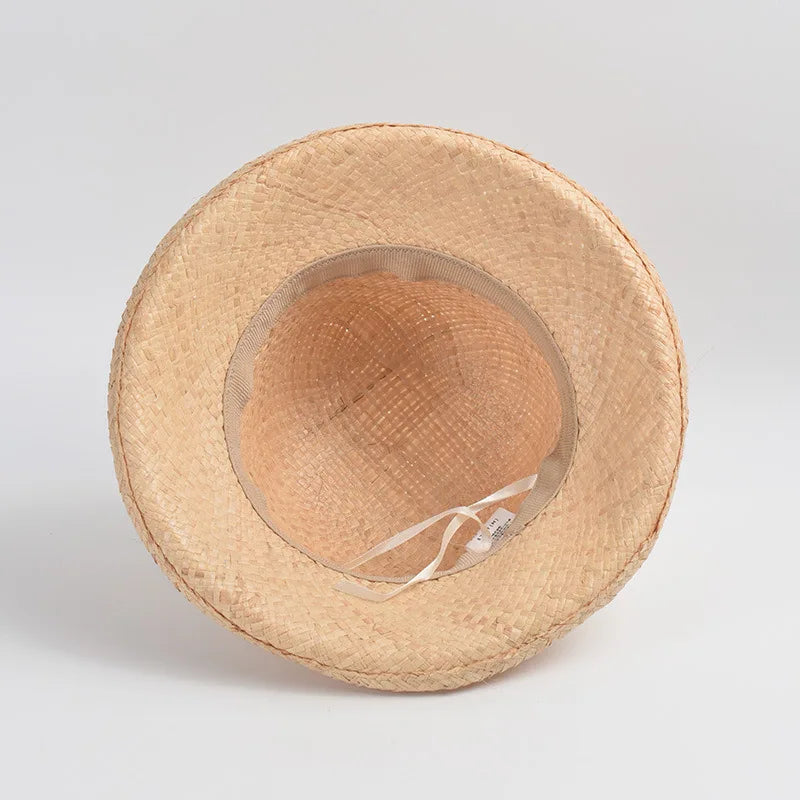 Luxo Petite Summer Sum Sun Hat Casa de Raffia com banda de cânhamo real Pacote macio de estilo moderno Fedoras Beach Hat