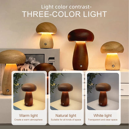 INS Wooden Creative Mushroom Night Light Stepless Dimming Bedside Table Lamp 3 Color Rechargeable Sleeping Nightlights For Room