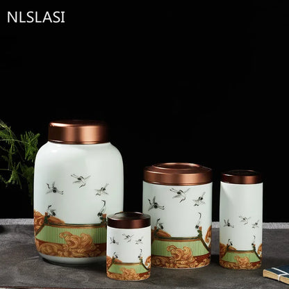 Classic Ceramic Tea Caddy Travel Portable Round Shape Tea Can Spice Tea Boxes Candy Storage Tank Coffee Cani Moisture-proof Jar