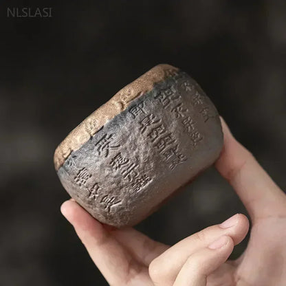 120ml Rough Pottery Handmade Relief Heart Sutra Zen Cup Ceramic Master Individual Single Cup Chinese Portable Tea Cup 1pcs