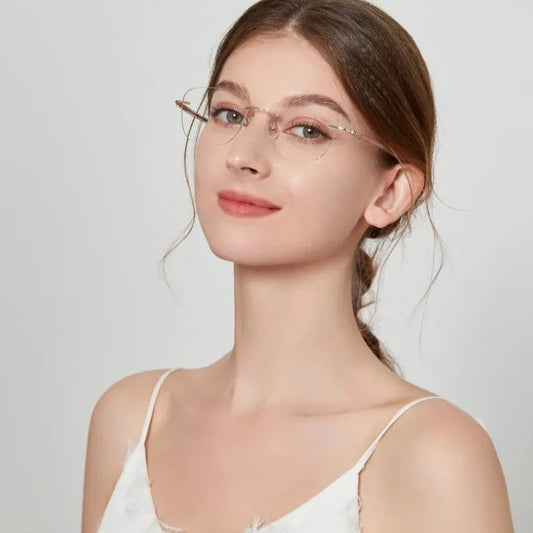 Firada Fashion Light Luxury feminino Eyewear retro metal sem moldura óculos óculos de prescrição óptica Glasses para mulheres E1
