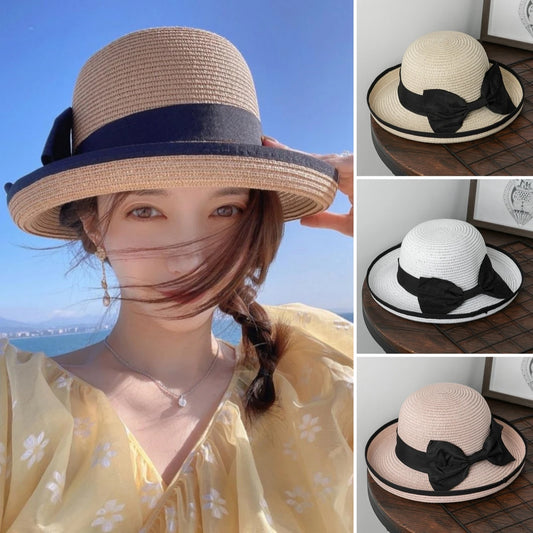 Móda letné Panama Beach Slaw Hat pre ženy pláž zvinutá slnečný klobúk Cast Travel Cap Simple Wide Brim Bow Hat Casquette