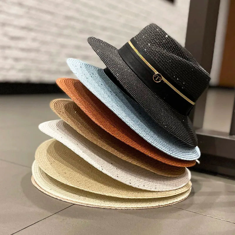 Capas de playa Sombreros para mujeres Men Protección UV Fashion Fashions de las mujeres Sombrero de paja Panamá Borre Borre Avinecible Sombricientos Sol Descoración de lentejuelas