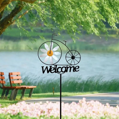 Outdoor Iron Sunflower Windmill Creative Garden Welcome Stake Ornament Bicycle Wind Spinners Garden Yard Lawn Windmill Decor